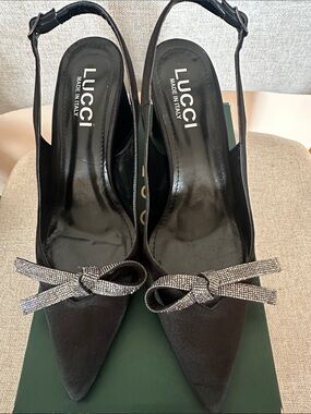 Black Satin Pointed Slingback Heels with Rhinestone Bow